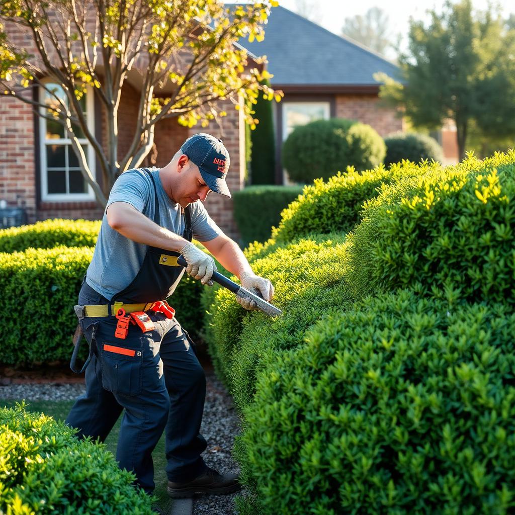 Goat Kings crew member trimming hedges at a DFW home